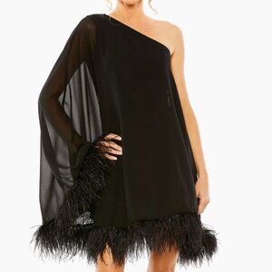 NWT - Mac Duggal Feather-Trimmed Trapeze One-Shoulder Dress - Size 6